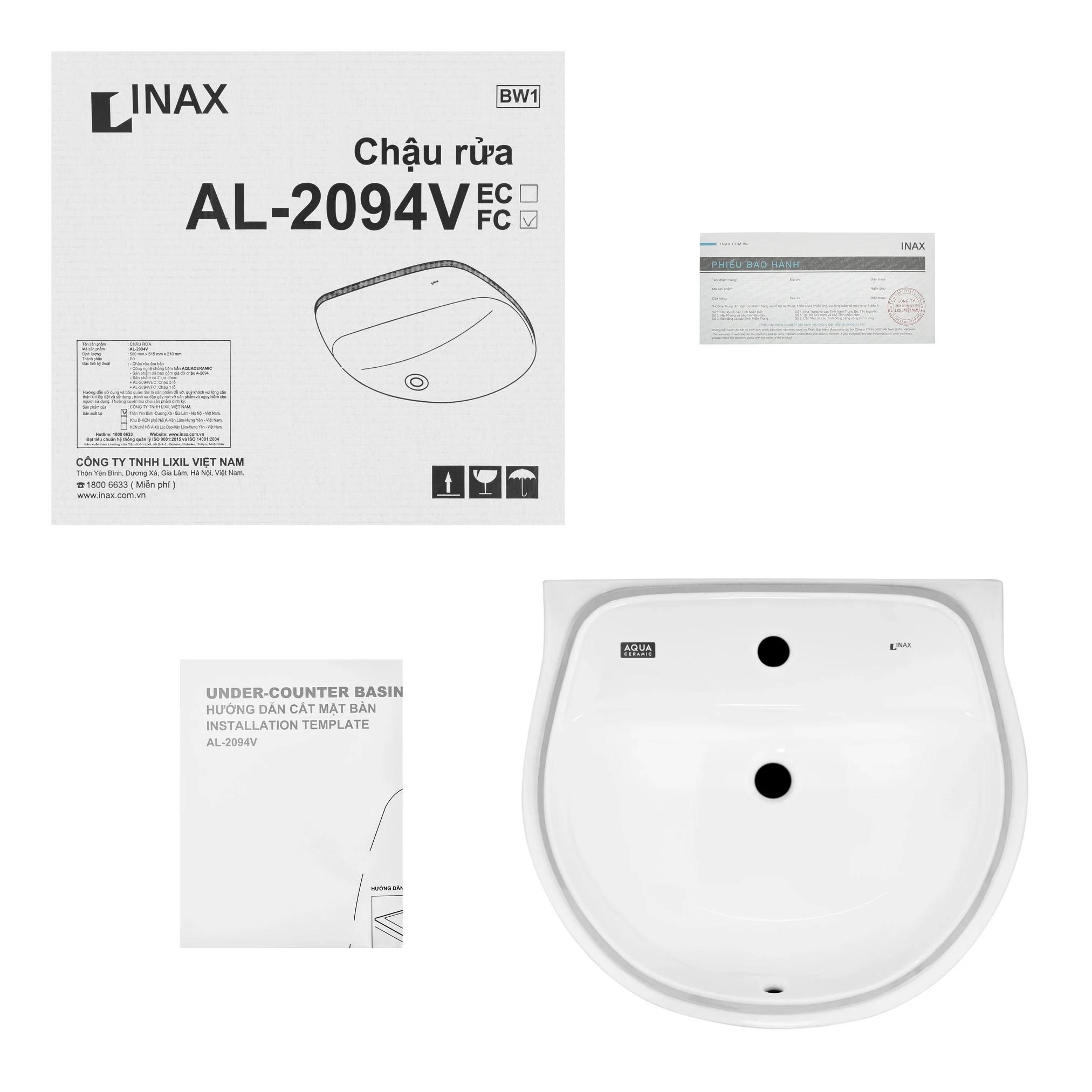Lavabo chậu rửa mặt INAX AL-2094V âm bàn 3 lỗ (AL-2094V)