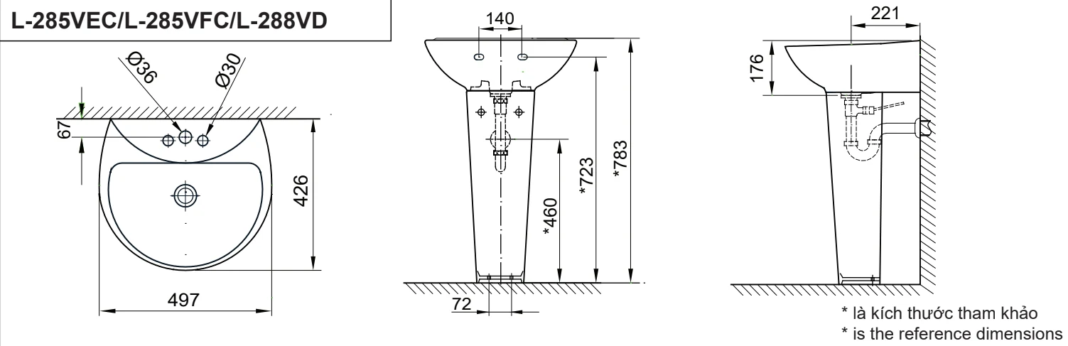 Lavabo chậu rửa mặt INAX L-285V treo tường + chân dài (L288V)