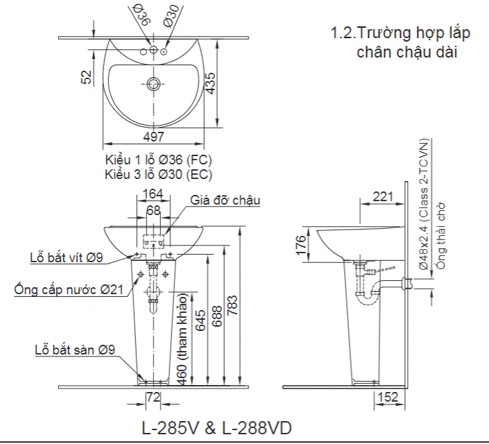 Lavabo chậu rửa mặt INAX L-288V treo tường + chân dài (L288V)