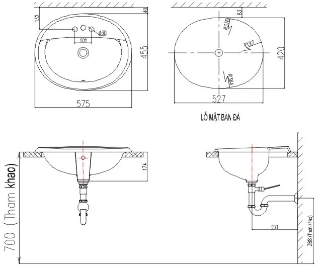 Lavabo chậu rửa mặt INAX AL-2395VEC bán âm 3 lỗ (AL2395VEC)
