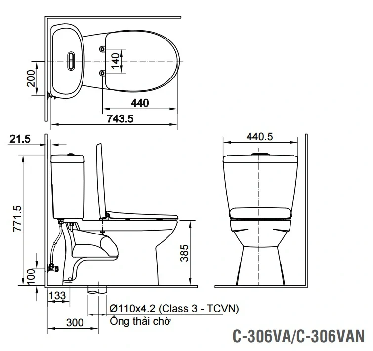 Bồn cầu 2 khối INAX C-306VAN xả nhấn nắp êm (C306VAN)