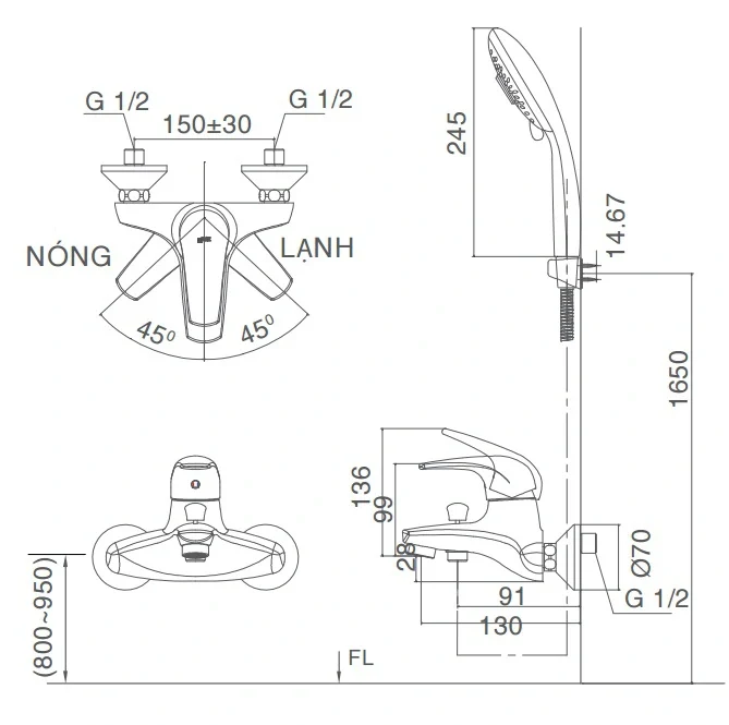 Vòi sen tắm nóng lạnh INAX BFV-3413T-8C tự động tay sen tăng áp si (BFV3413T-8C)